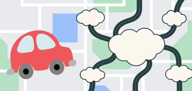 image of cartoon car on GPS-style map with a mind map over top